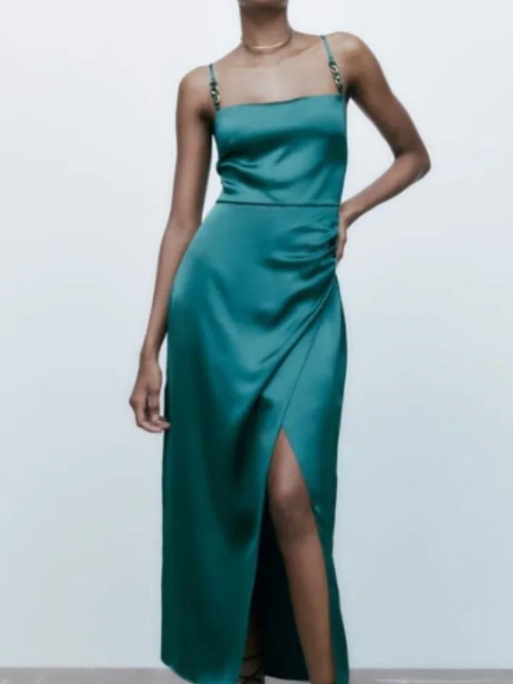 Zara Teal Satin Maxi Dress with Chain-Strap Detail NWT